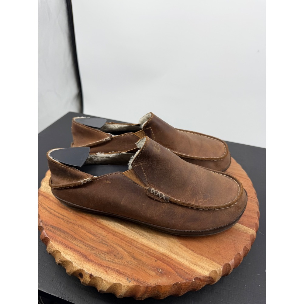 OluKai Moloa Slipper Loafer Mens Size 8 Brown Leather Shearling Lined 10252-3363